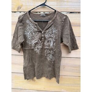 One World Brown Mineral Wash Graphic Ribbed Henley Top Y2K Grunge Made in USA L